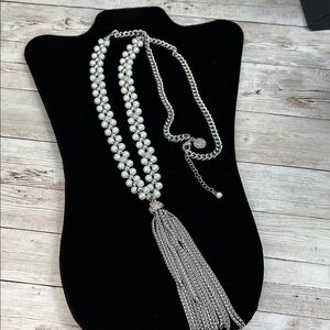 White House Black Market Silver Pearl Necklace with Tassel